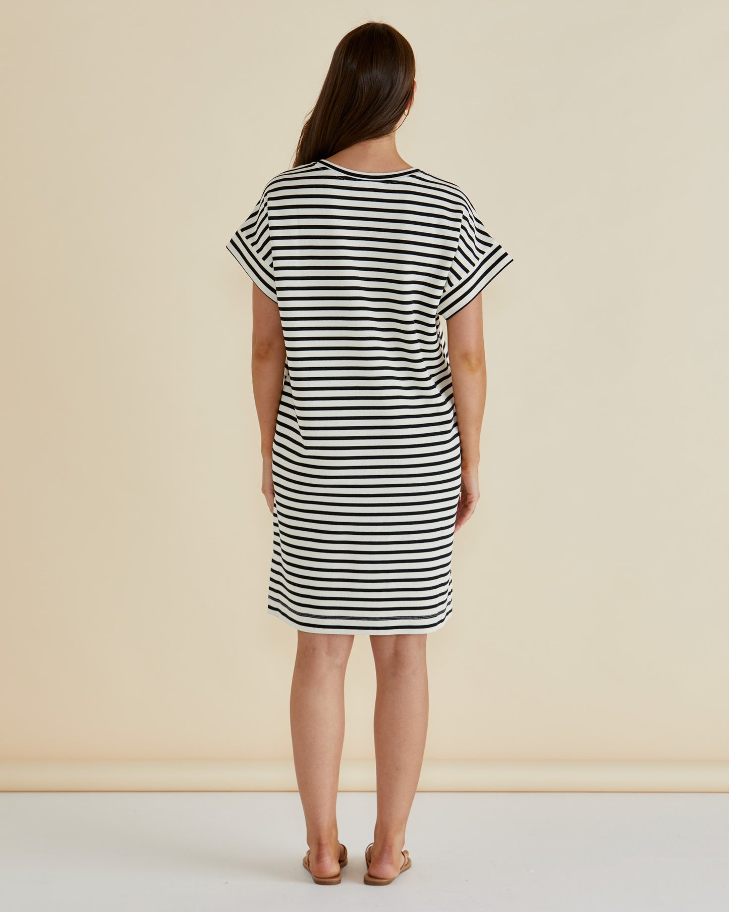 Betty Basics Elise V-Neck Rib Dress | Black White Stripe