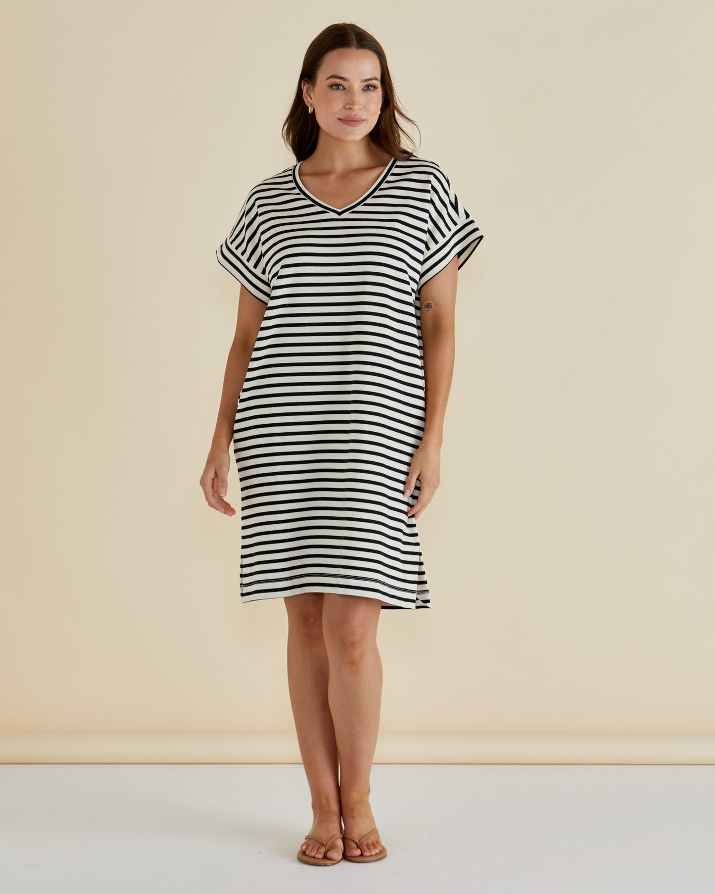 Betty Basics Elise V-Neck Rib Dress | Black White Stripe