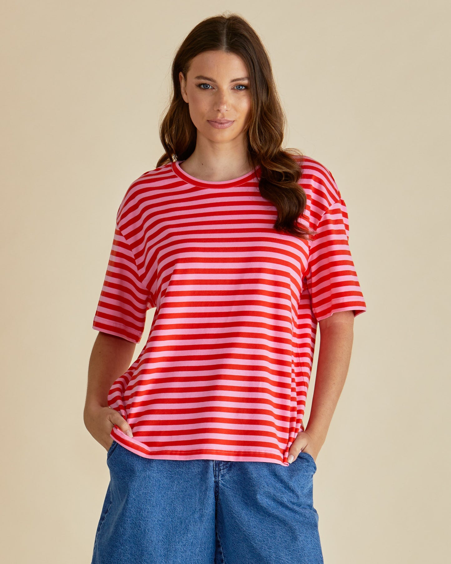 Betty Basics Relax Boxy Tee | Pink Red Stripe