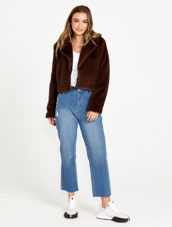 SASS Xanthe Cropped Faux Fur Jacket - Chocolate Brown