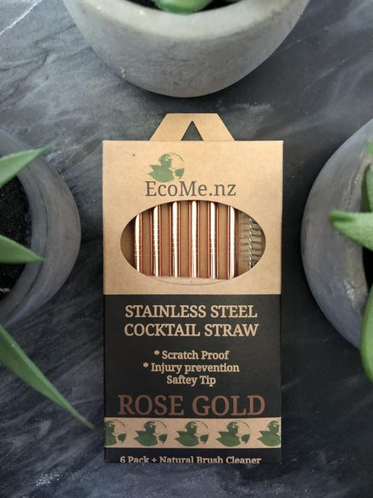 EcoMe Stainless Steel Cocktail Straws - 6 x Rose Gold