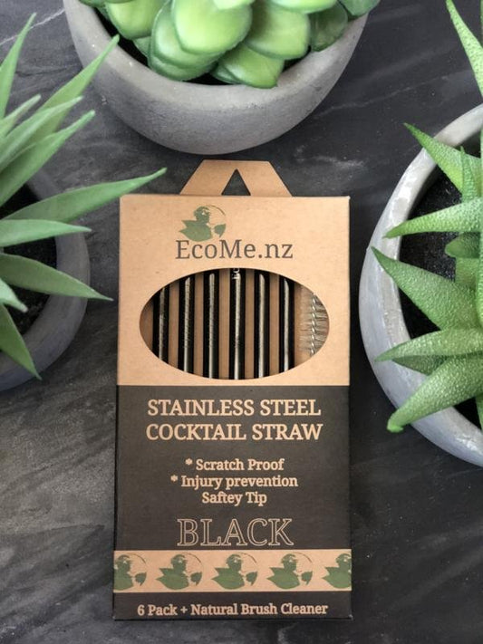 EcoMe Stainless Steel Cocktail Straws - 6 x Black